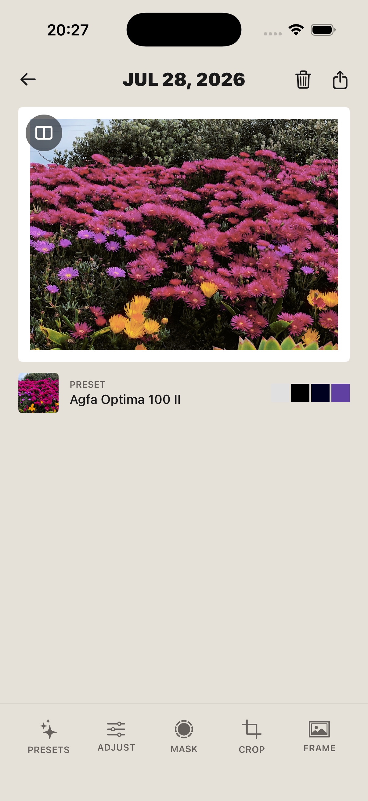 Current-build iOS Simulator capture of the Simul editor with a film preset selected