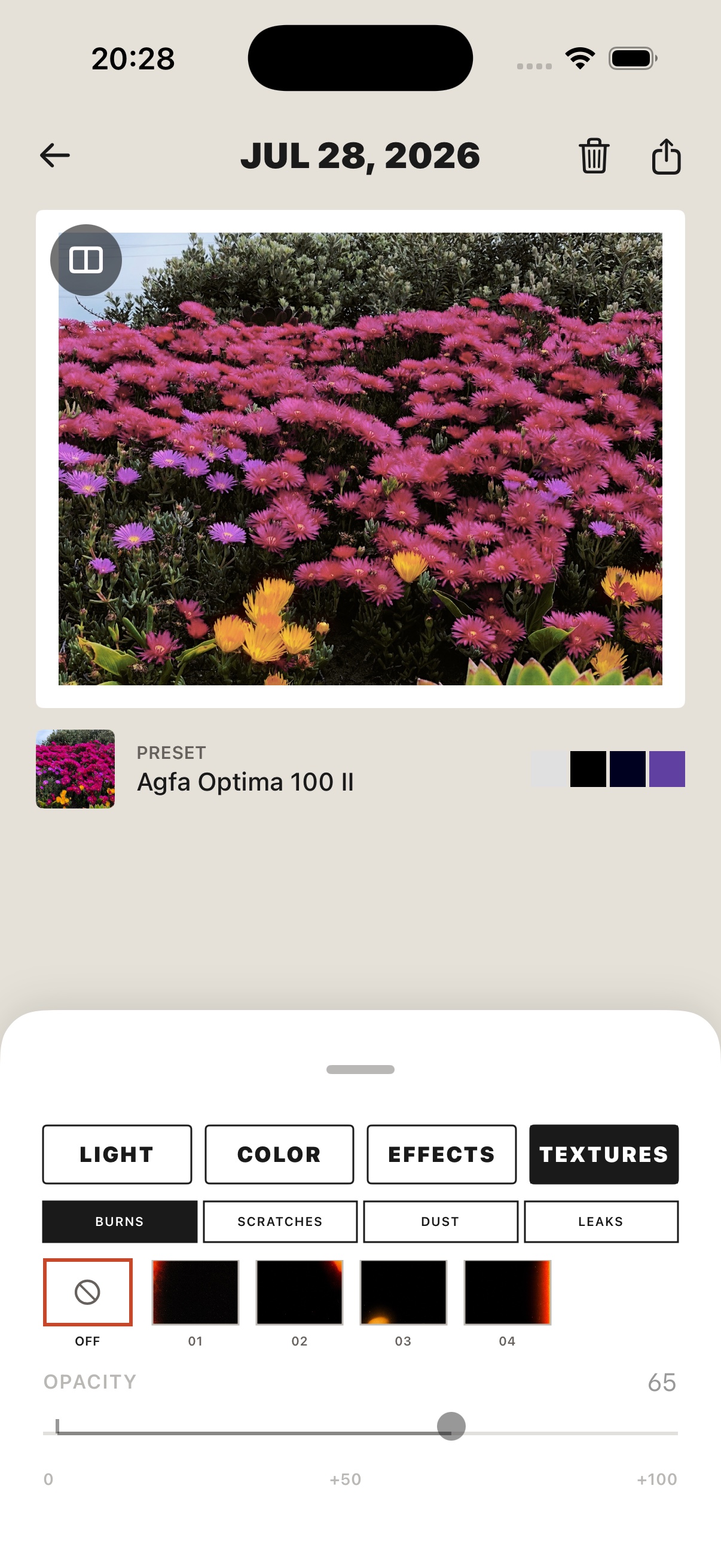 Current-build iOS Simulator capture of Simul texture families and opacity controls