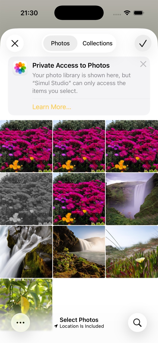 iOS photo picker showing photos ready to import into Simul Studio